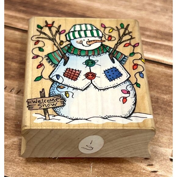 RARE HERO ARTS E1254 SNOWMAN WITH LIGHTS WOOD MOUNTED RUBBER STAMP WELCOME SNOW - Picture 1 of 5